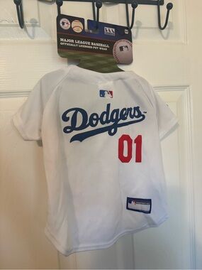MLB Dodgers White Pet Jersey with Blue Script and Red Number